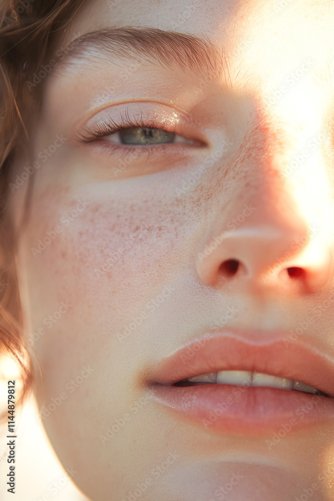 Naklejka premium Caucasian young female close-up with freckles in natural light