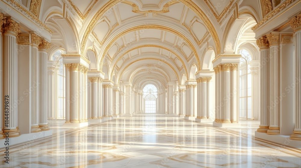Fototapeta premium Sunlit grand hall with marble floor and columns.