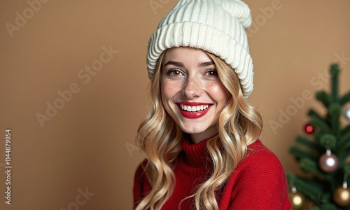 Young woman white knit hat red lipstick freckles photo