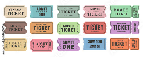 Vector set of admit one tickets template. Ticket for cinema,movie,circus,theater,film,festival,casino,club,music etc. Event admission, entrance pass set .Vector illustration