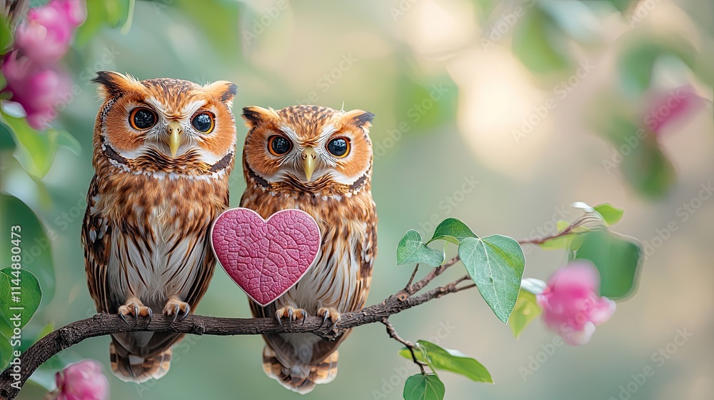 Fototapeta premium Two owls showing love with pink heart on a branch