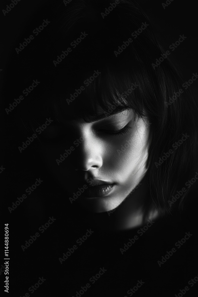 Black and white portrait, woman's face, eyes closed, somber mood. Black and white portrait, woman's face, eyes closed, somber mood.
