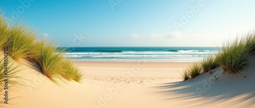 Serene Beach With Soft Golden Sand Dunes and Vibrant Blue Ocean Waves