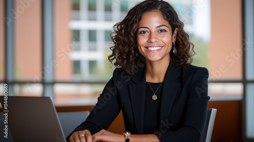 A poised businesswoman in a black blazer smiles confidently while seated at her desk, showcasing professionalism and elegance in a corporate office environment