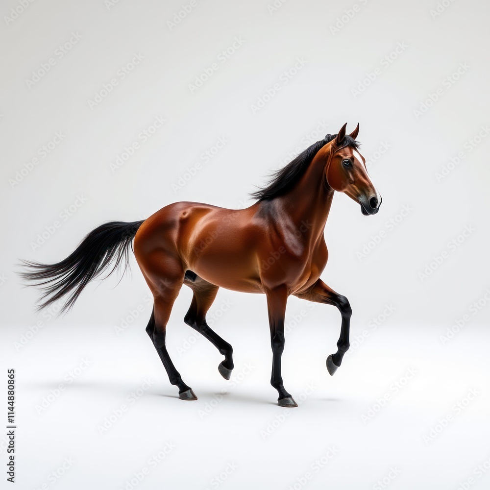 Fototapeta premium Muscular Brown Horse Galloping Dynamically Across a Clean Background