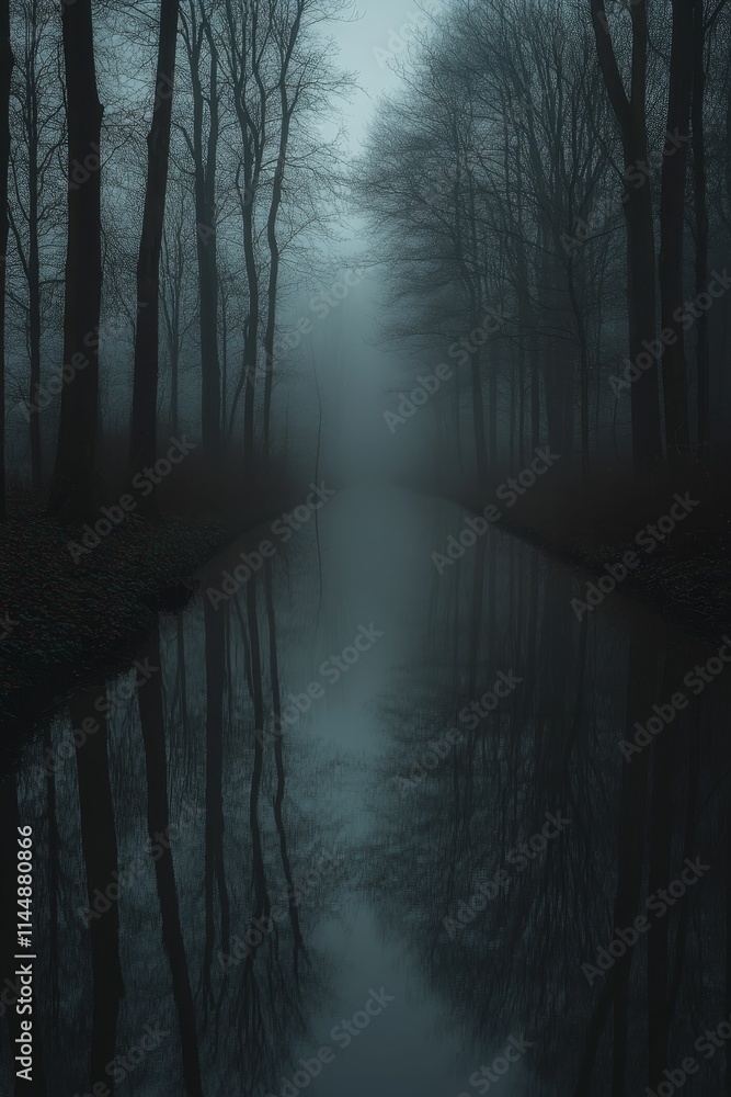 Fototapeta premium Misty canal, bare trees reflected in still water.