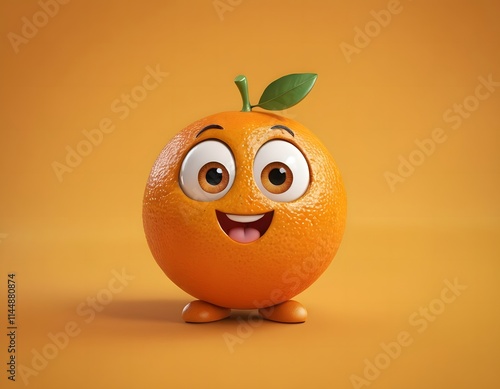 Cute 3d happy face orange cartoon character fruit  with a smile in cheerful mood isolated on orange yellow background