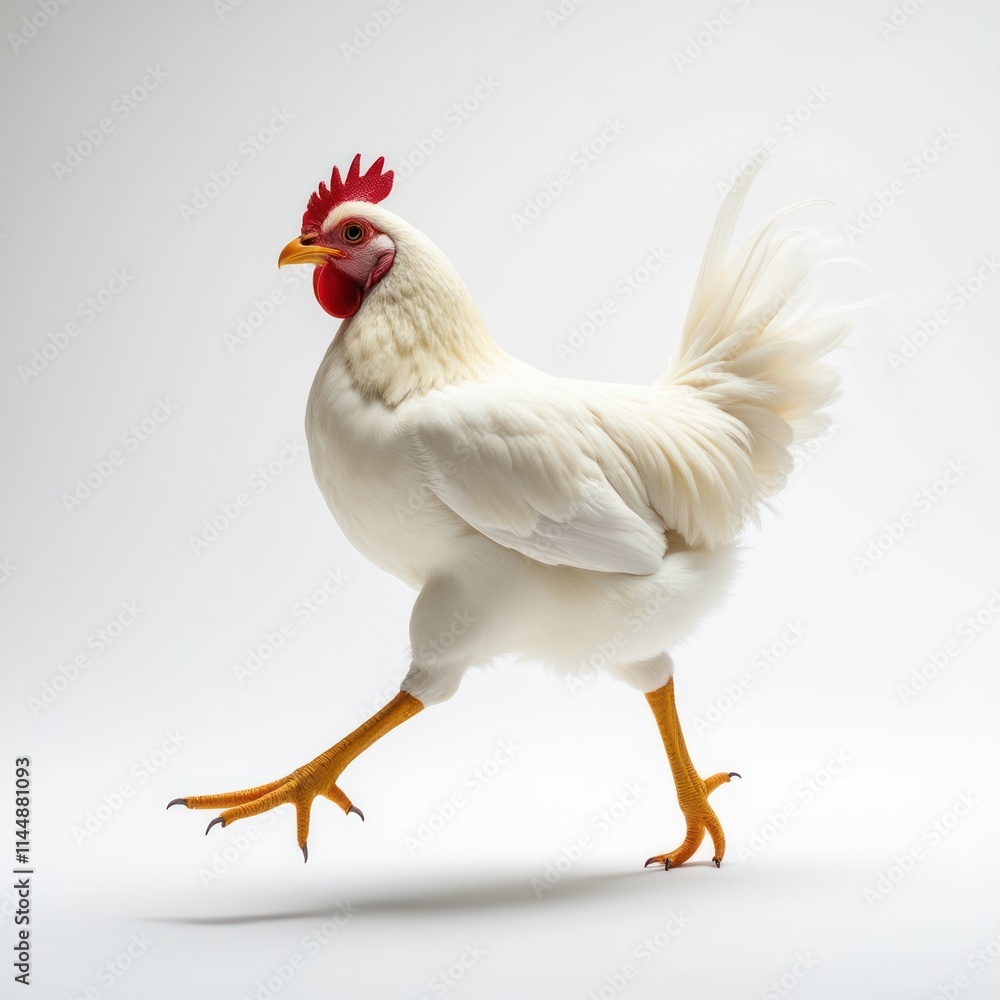 Fototapeta premium Vibrant Chicken With White and Red Feathers Running Energetically in Motion