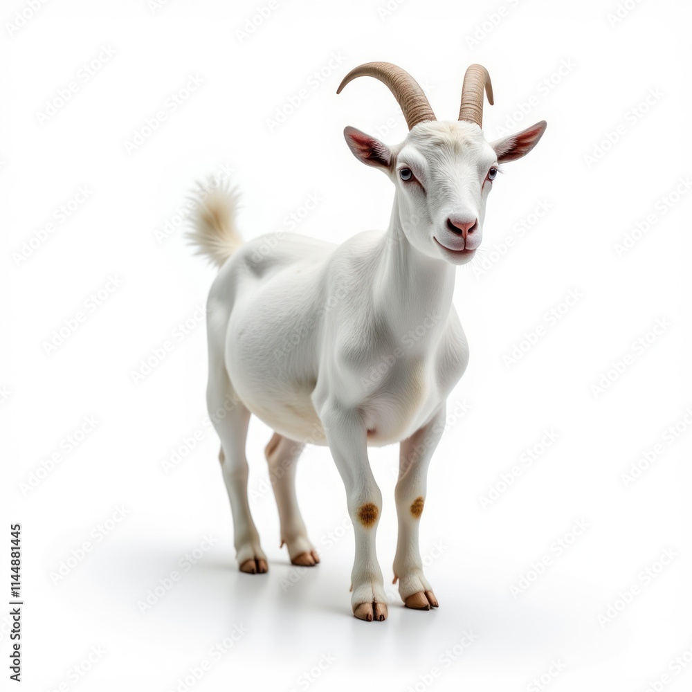 Fototapeta premium Sleek White Goat With Delicate Horns Stands Calmly in Bright Surroundings
