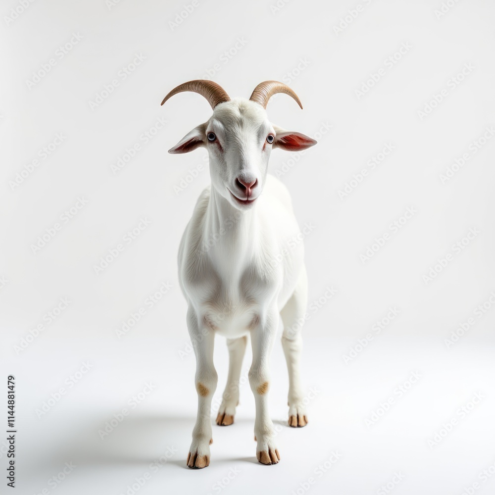 Sleek White Goat With Delicate Horns Standing Peacefully in a Bright Setting Sleek White Goat With Delicate Horns Standing Peacefully in a Bright Setting