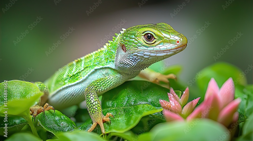 Baby chinese water dragon is resting on vibrant green leaves in nature Baby chinese water dragon is resting on vibrant green leaves in nature