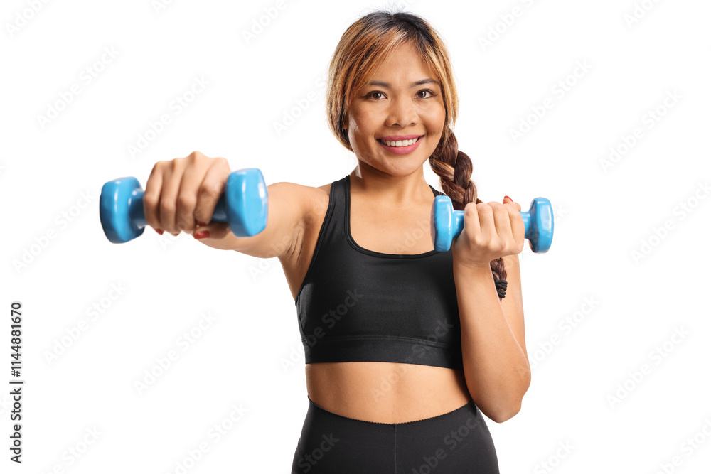 Asian woman exercising with dumbbells Asian woman exercising with dumbbells