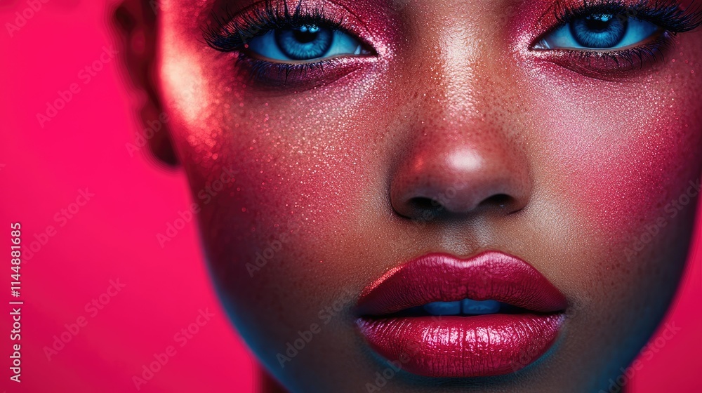 Close-up of a woman's face with vibrant makeup and blue eyes against a pink background. Close-up of a woman's face with vibrant makeup and blue eyes against a pink background.