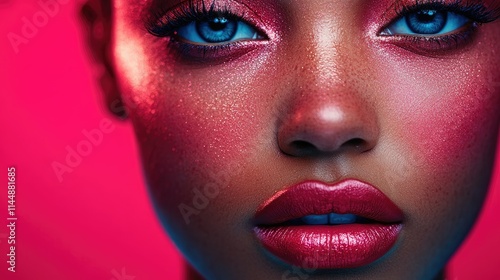 Close-up of a woman's face with vibrant makeup and blue eyes against a pink background.