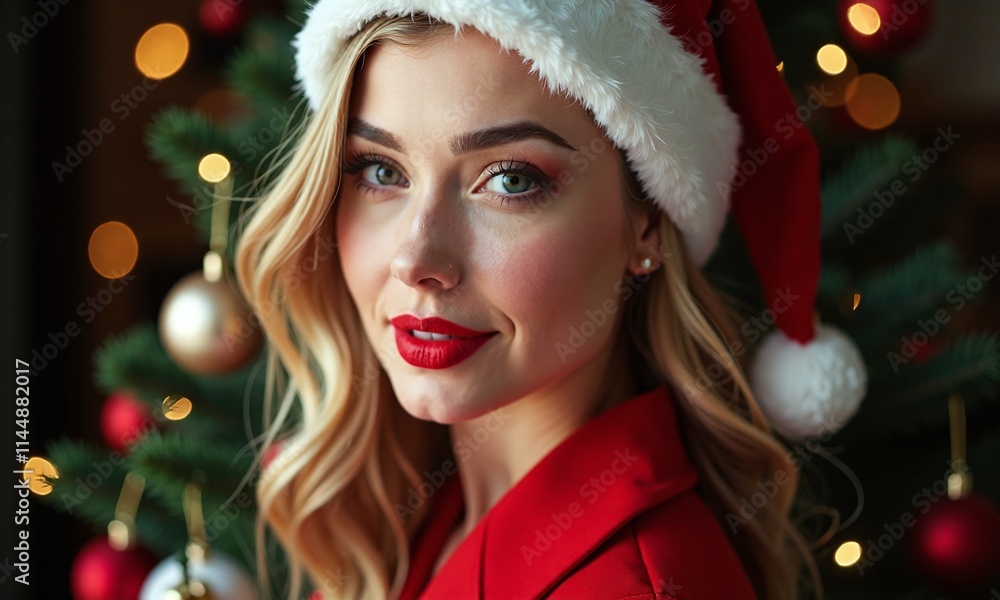 Christmas portrait blonde woman Santa hat red lipstick Christmas portrait blonde woman Santa hat red lipstick