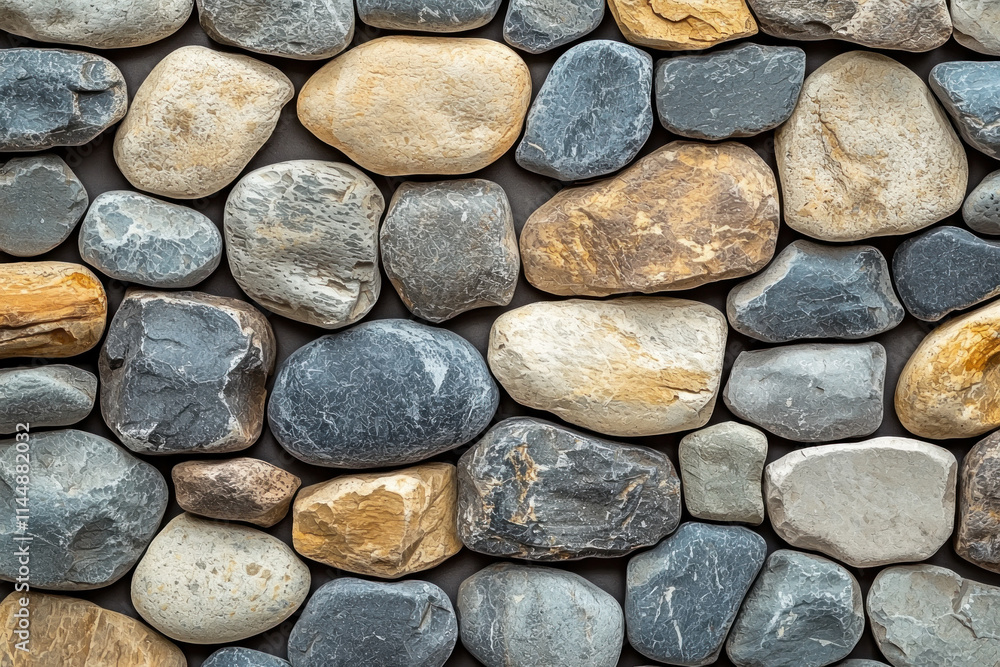 A close-up view of various smooth stones arranged in a natural pattern. A close-up view of various smooth stones arranged in a natural pattern.