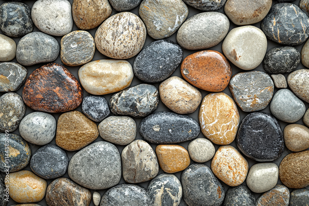 A close-up view of various smooth stones arranged in a decorative pattern. A close-up view of various smooth stones arranged in a decorative pattern.