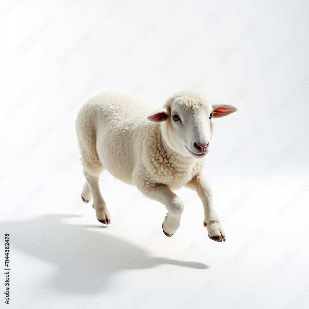 Fototapeta premium Dynamic White Sheep Galloping Joyfully in Pristine Surroundings