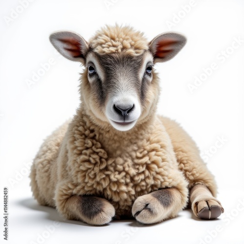 Single Sheep With Rich Brown and White Patterns Resting on a White Backdrop