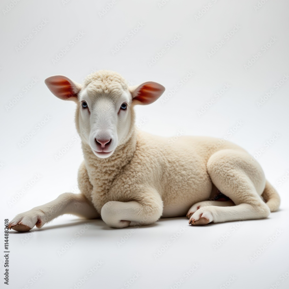 Fototapeta premium Soft White Sheep Lying Calmly Against Clean White Backdrop