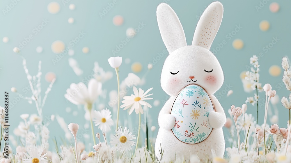 Obraz premium A charming Easter bunny holding a decorated egg in a picturesque wildflower field. The soft pastel tones and floral details create a whimsical and festive springtime atmosphere