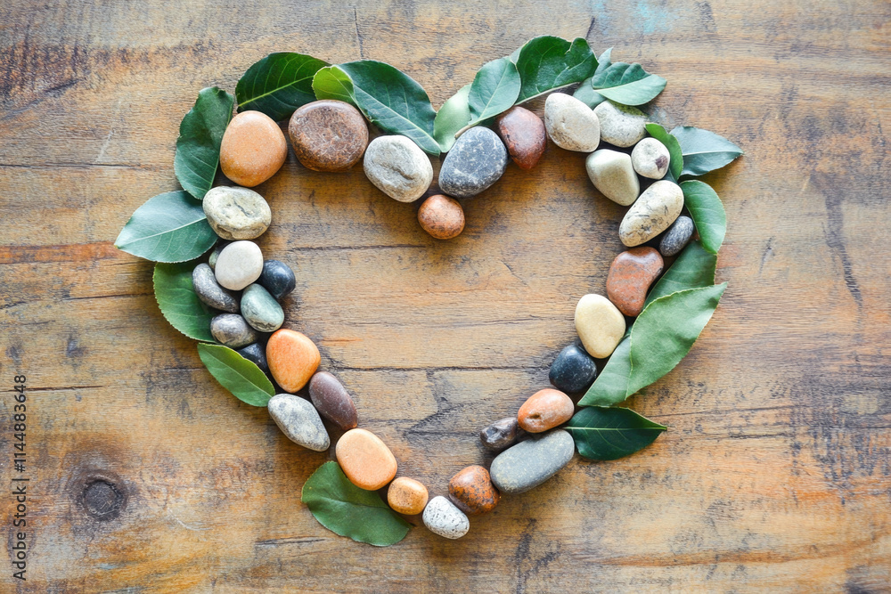 Heart shape of colorful stones and green leaves on wooden surface Heart shape of colorful stones and green leaves on wooden surface