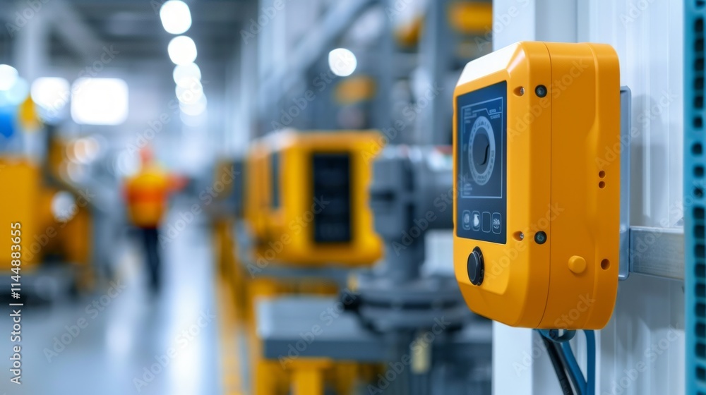 Fototapeta premium Close-up of a gas leak detection sensor on a wall, surrounded by industrial machinery in a factory.