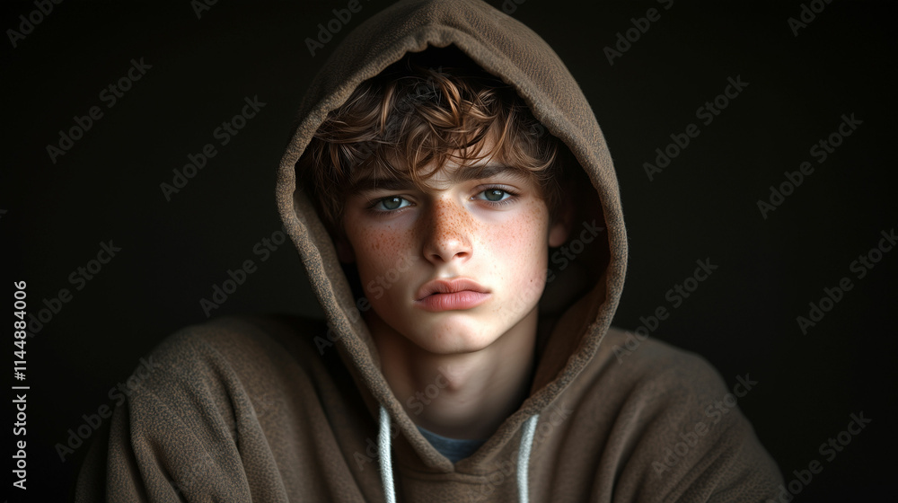 Young man with curly hair wearing hoodie gazes thoughtfully into the distance in a dimly lit environment Young man with curly hair wearing hoodie gazes thoughtfully into the distance in a dimly lit environment