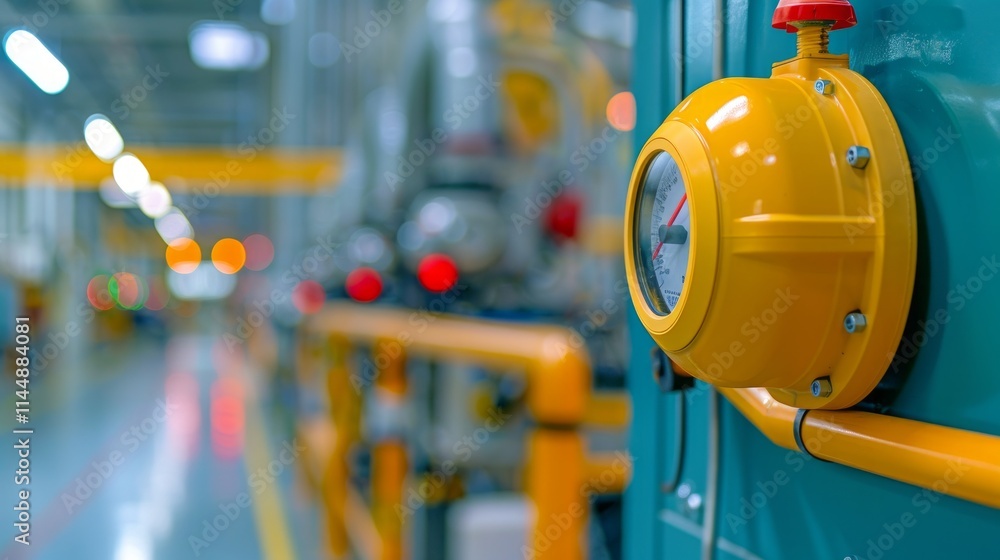 Close-up of a sophisticated gas leak detection sensor on a factory wall, surrounded by machinery.
