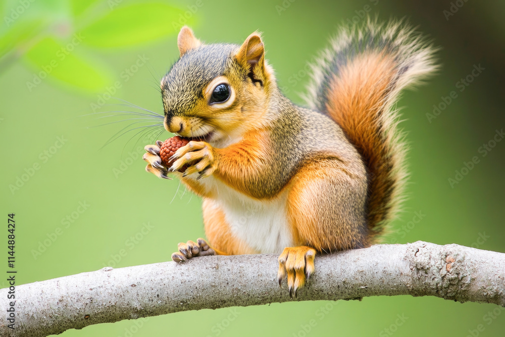 Alert squirrel eating nut on tree branch against blurred green background Alert squirrel eating nut on tree branch against blurred green background
