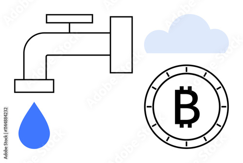 Faucet dripping blue water drop next to Bitcoin symbol and blue cloud. Ideal for cryptocurrency, blockchain, cloud computing, fintech, digital currency, internet of things IoT themes. Line metaphor