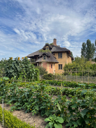 The Queen's Hamlet at the Trianon in Versailles, featuring charming rustic cottages, lush greenery, and a tranquil lake, embodying pastoral elegance and historic charm photo