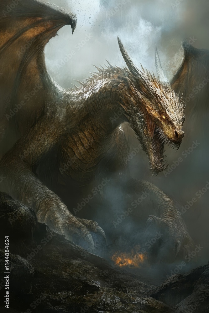 Large, gold dragon, smoky, rocky landscape, fire. Large, gold dragon, smoky, rocky landscape, fire.