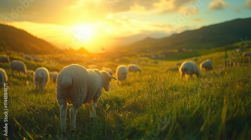 Idyllic sunset over a flock of sheep grazing peacefully in a lush green pasture.