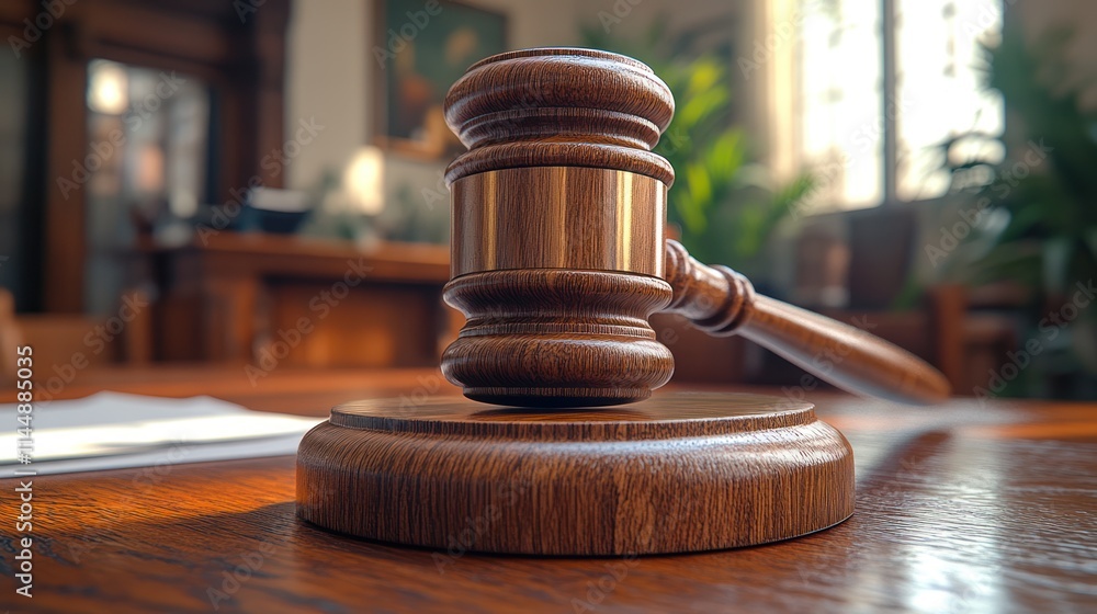 Close-up of a wooden gavel on a sound block in a courtroom. Close-up of a wooden gavel on a sound block in a courtroom.
