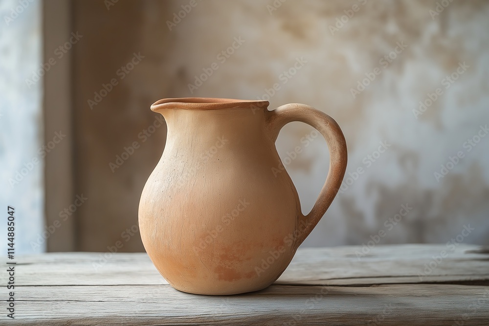 Clay brown jug with a handle on an old wooden table against a peeling wall Clay brown jug with a handle on an old wooden table against a peeling wall
