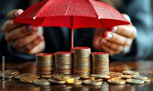 A red umbrella protects stacks of coins, symbolizing financial security and investment.