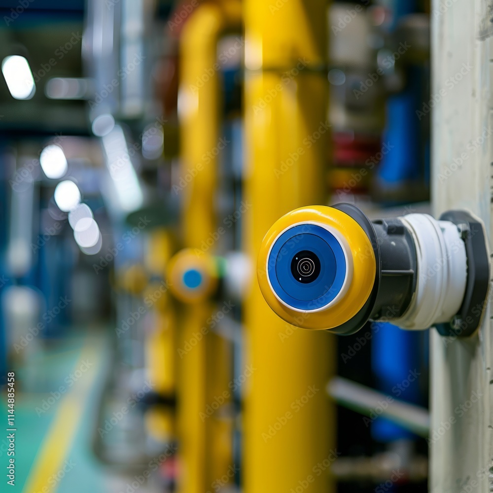Gas leak sensor installed in an industrial plant, with focus on high-tech detection technology. Gas leak sensor installed in an industrial plant, with focus on high-tech detection technology.