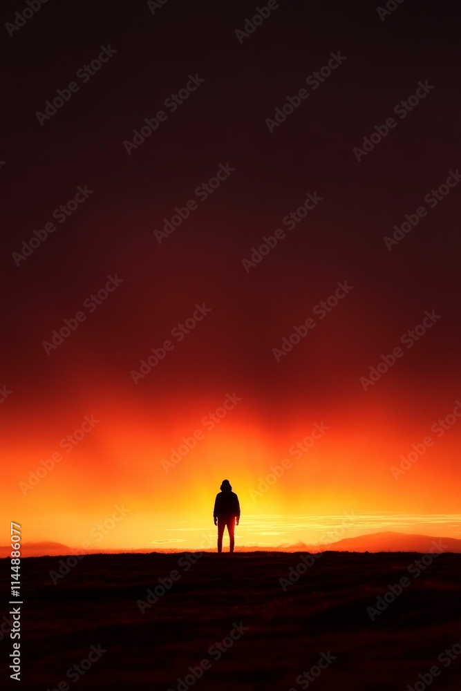 Silhouetted person stands, fiery sunset landscape. Silhouetted person stands, fiery sunset landscape.