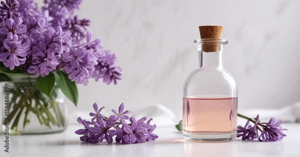 Close-up of lilac oil in glass dropper bottle with purple flowers on white, natural remedy, aromatic therapy Close-up of lilac oil in glass dropper bottle with purple flowers on white, natural remedy, aromatic therapy