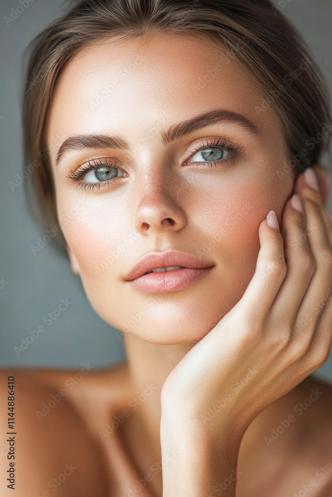 Portrait of a young caucasian female with natural makeup and serene expression Portrait of a young caucasian female with natural makeup and serene expression