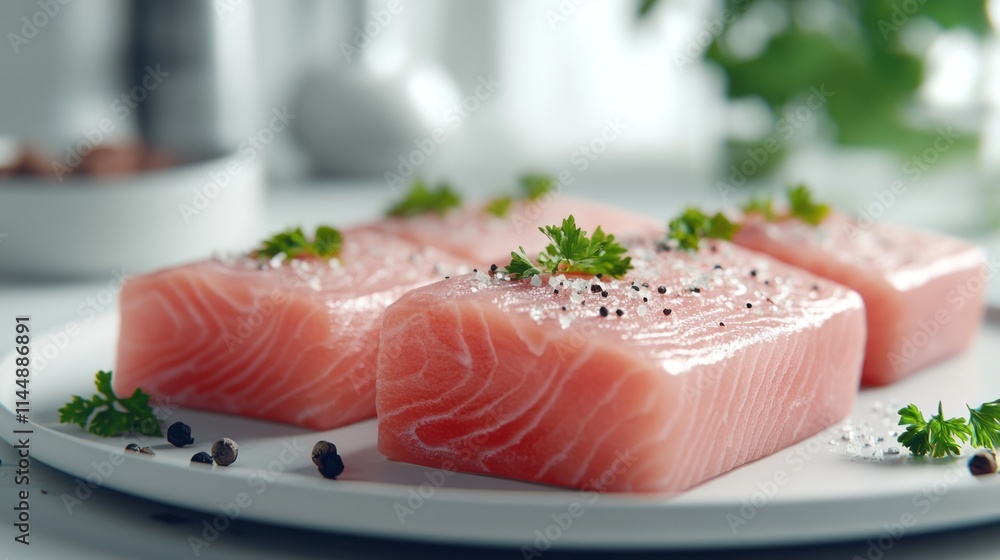 Three fresh salmon fillets seasoned with salt and pepper on a plate. Three fresh salmon fillets seasoned with salt and pepper on a plate.
