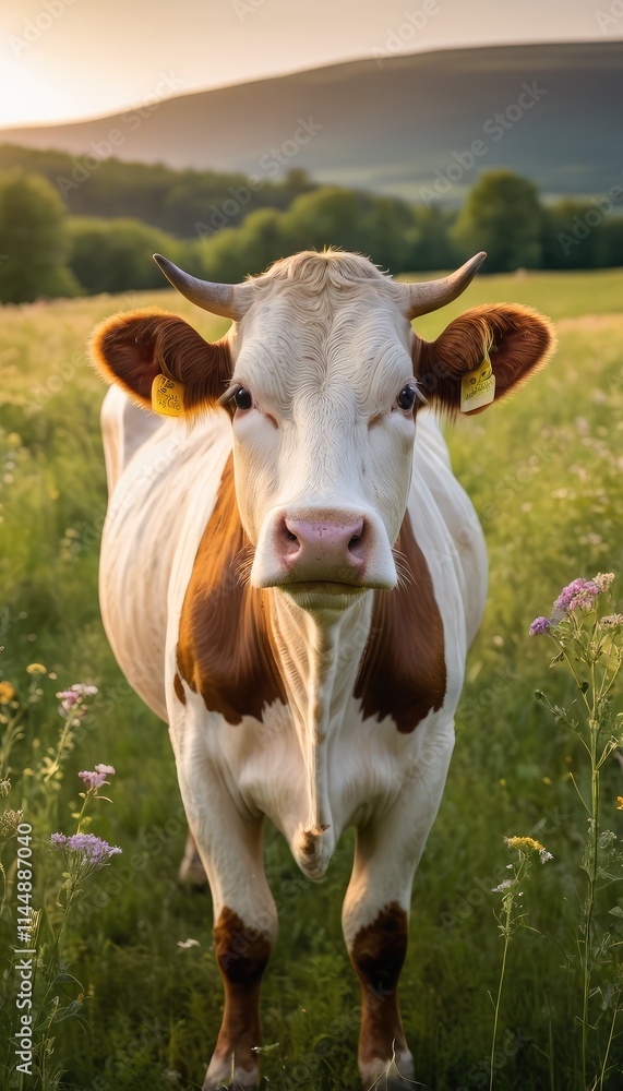 A peaceful cow in a colorful summer meadow at dusk, its soft fur and calm expression highlighted by the warm light of the setting sun in a rural landscape A peaceful cow in a colorful summer meadow at dusk, its soft fur and calm expression highlighted by the warm light of the setting sun in a rural landscape