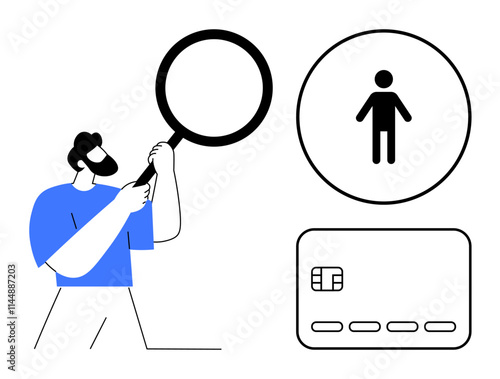 Man holding a magnifying glass, examining a human icon, with a credit card icon nearby. Ideal for identification, security, personal verification, finance, banking research analysis themes. Line