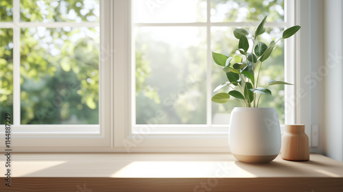 Plant on windowsill with sunlight illuminating a cozy indoor space during a bright morning