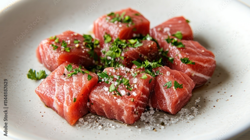 Fresh raw tuna cubes seasoned with salt, pepper, and parsley. Fresh raw tuna cubes seasoned with salt, pepper, and parsley.