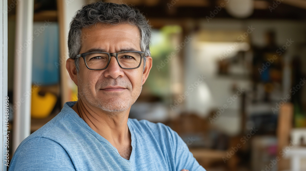 Confident Mature Man with Glasses in Casual Setting Confident Mature Man with Glasses in Casual Setting