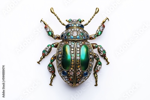 Brooch in the shape of a green beetle made of gemstones, isolated on white background photo