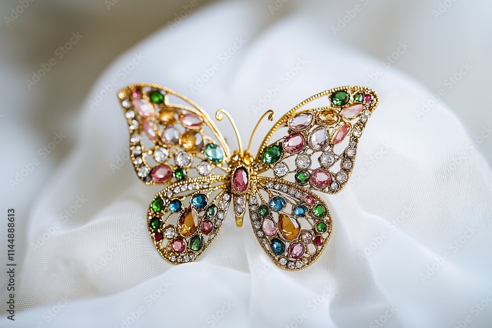 Butterfly-shaped brooch with multicolored gemstones on white fabric Butterfly-shaped brooch with multicolored gemstones on white fabric