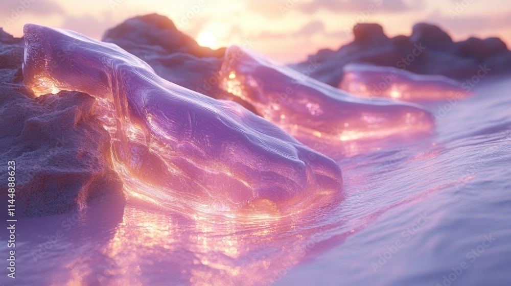 Obraz premium Enchanted Coastal Sunrise: Glowing Rocks and Gentle Waves